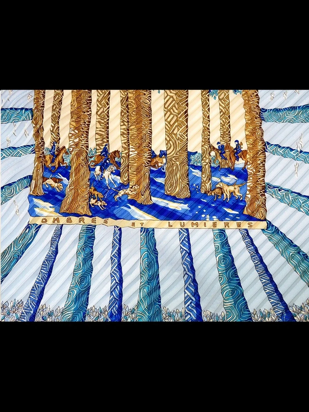 Hermes Light Blue & Gold Pleated Silk Scarf